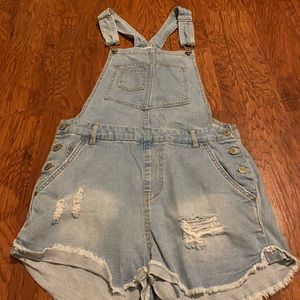 Light Wash Ripped Overall Denim Shorts